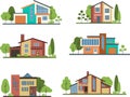 Set modern private houses in flat design style. Colorful residential houses and trees. Royalty Free Stock Photo